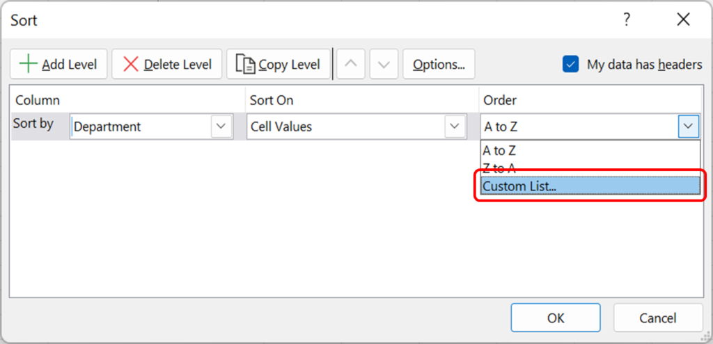 Custom sort in Excel