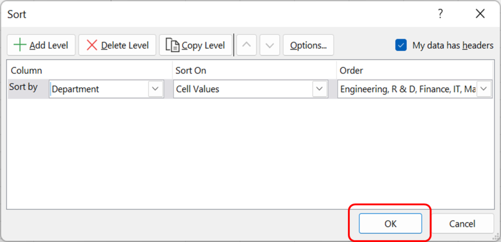 Custom sort in Excel